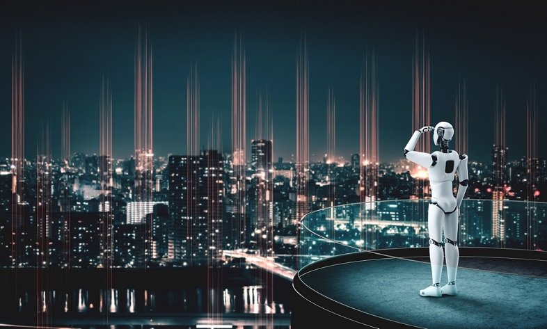3D illustration robot humanoid looking forward against cityscape