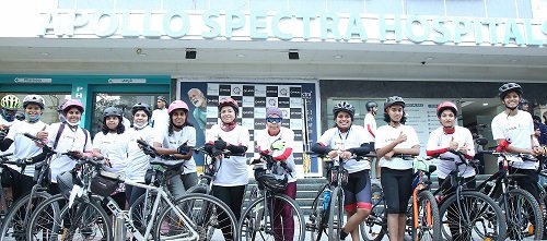 Women cyclists at the World Arthritis Day Cycle ride organised by Apollo Spectra Hospitals & Hyderabad Cyclists Group, on the eve of World Arthritis Day (October 12th), on Monday at Apollo Spectra Hospitals, Ameerpet.