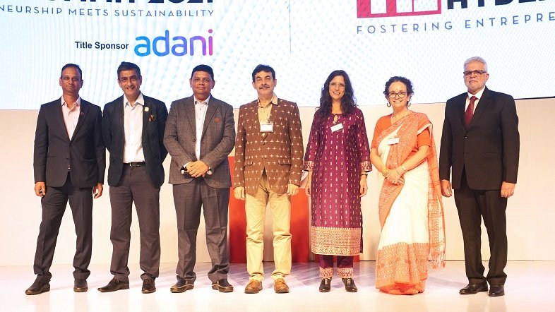 Suresh Raju, Mahavir Sharma, Manohar Reddy, Jayesh Ranjan, Anat, Rony Yedidia Clein, Claudio Ansorena seen at the inauguration of TiE Sustainability Summit 2021