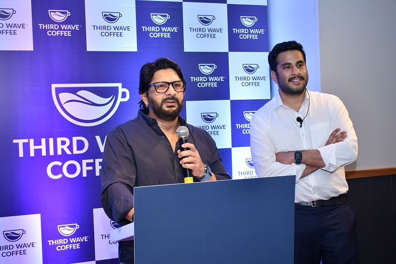 Arshad Warsi and Sushant Goel addressing the media and guests at the launch of the flagship store of Third Wave Coffee