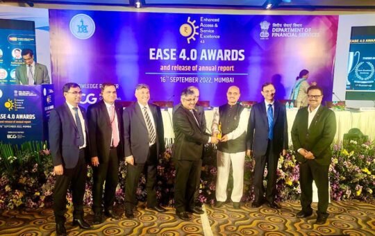 Punjab National Bank being awarded the first runner-up position under Tech-enabled Banking and Governance and HR at the EASE 4.0 Reforms Index Award for FY 21-22.