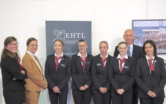 FromLefttorightEliseMasurel, Sylvie Pretti,DeputyGeneralDirector EHTL students and MichelLanners