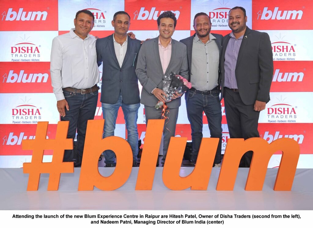 Attending the launch of the Blum Experience Centre in Raipur are Hitesh Patel, Owner of Disha Traders (second from the left), and Nadeem Patni, Managing Director of Blum India (center)